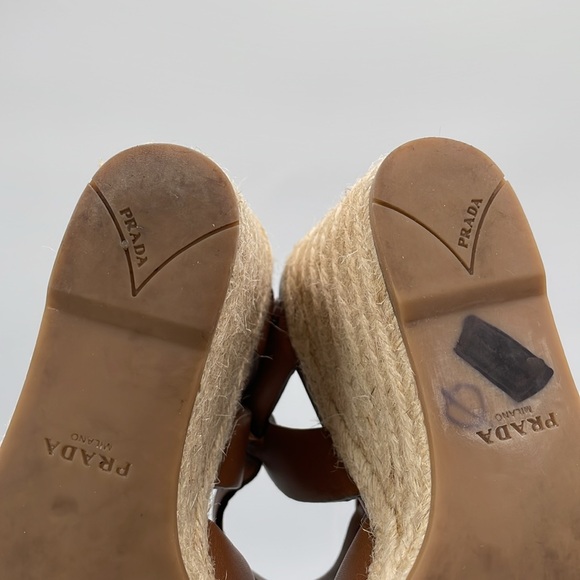 Prada Rony Brown Leather Espadrilles Platform Jute & Rubber Wedge Heel - 37 - Picture 10 of 15